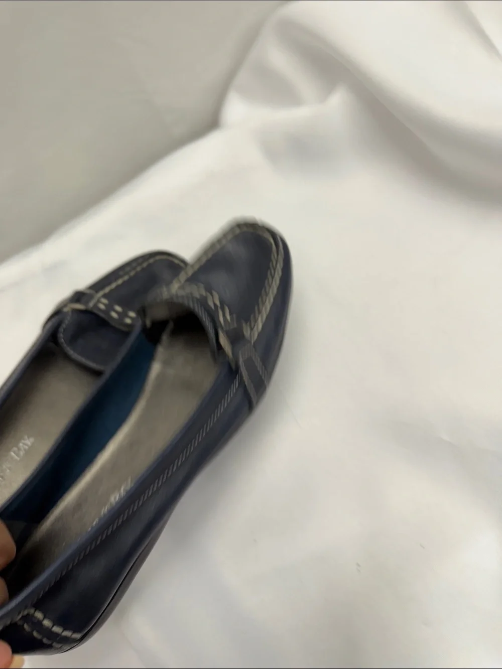 St. John's Bay Navy Leather Loafers with White Stitching
